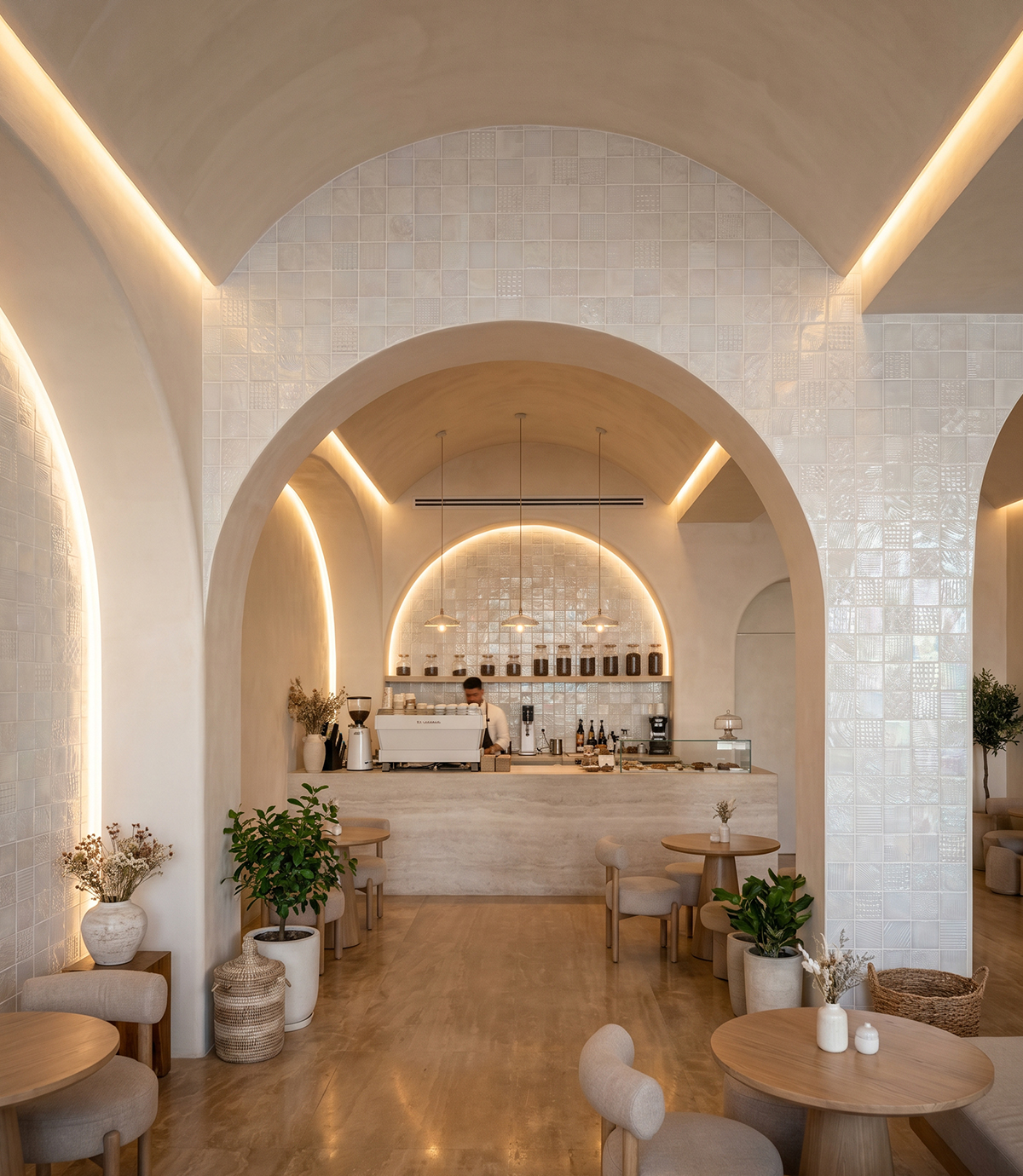 glass mosaic wall in restaurant interior