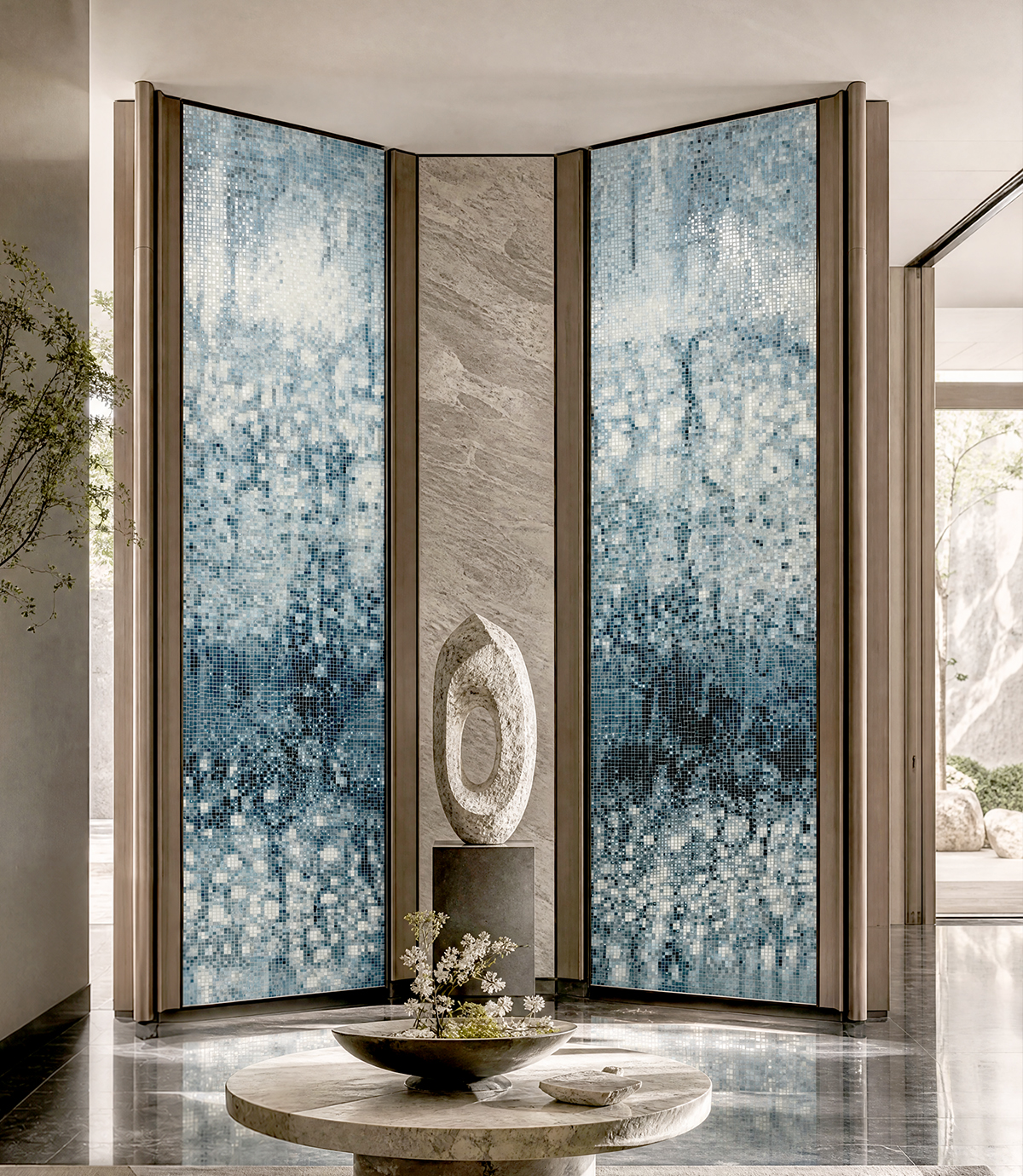 large artistic mosaic wall in commercial reception area