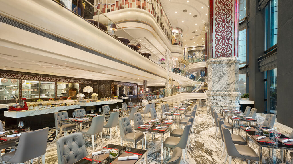 glass mosaic wall in restaurant interior