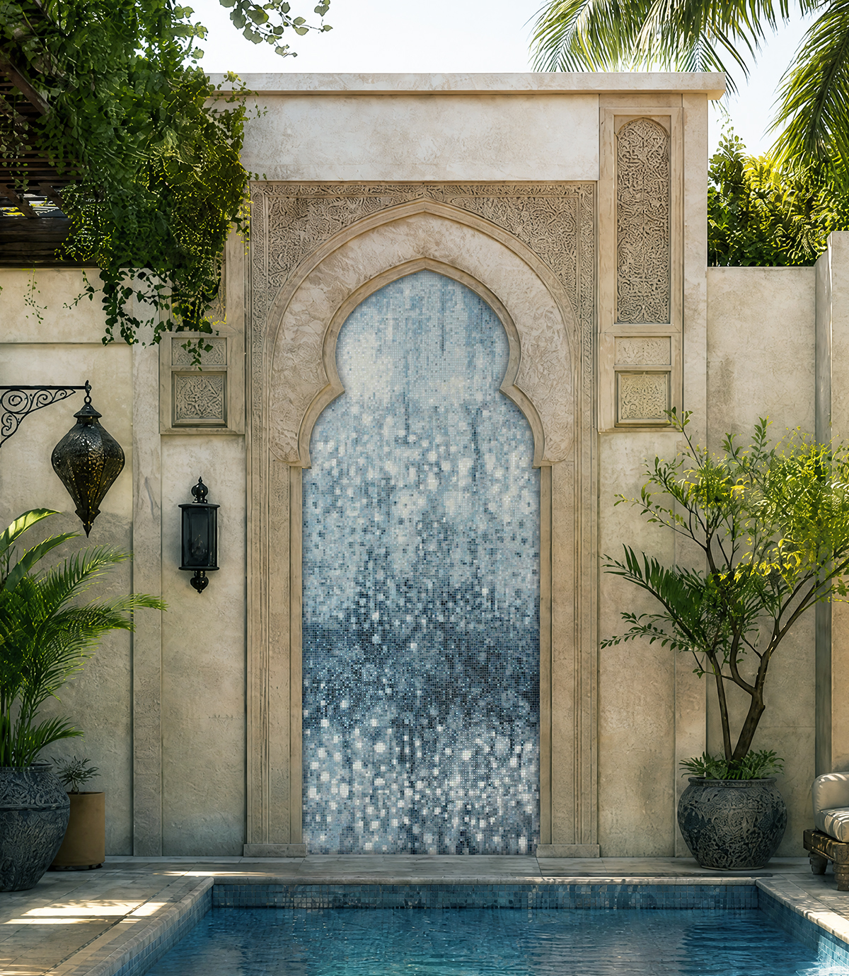 outdoor mosaic wall and terrace design for luxury residence