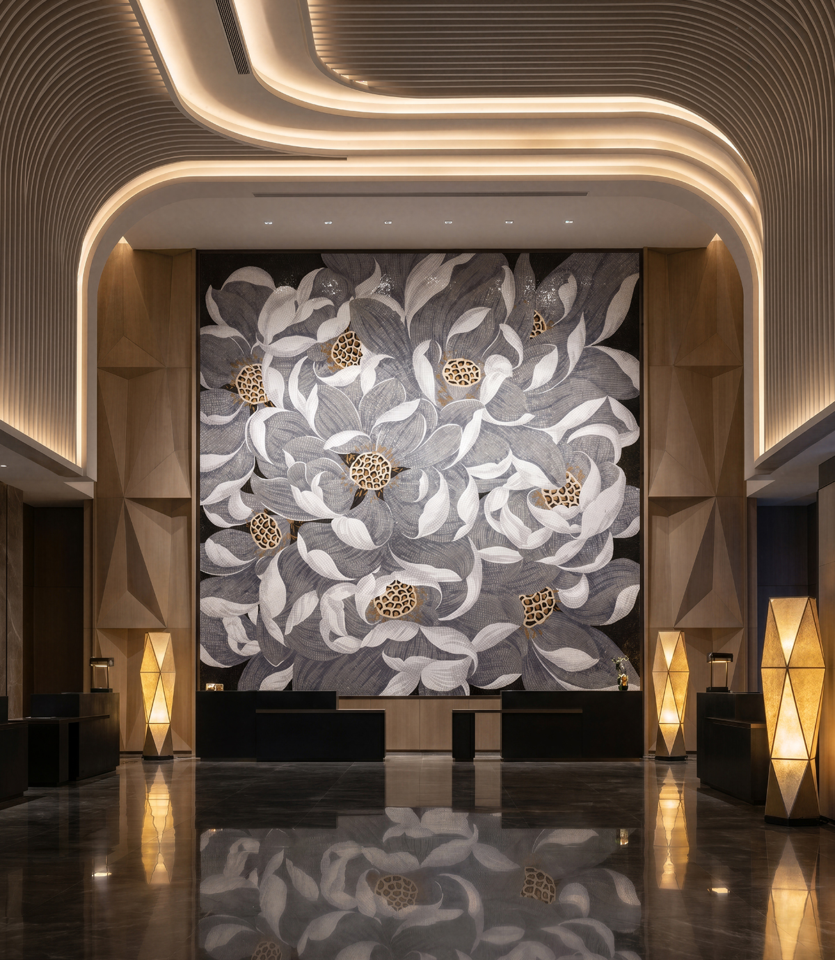 luxury hotel lobby artistic mosaic feature wall