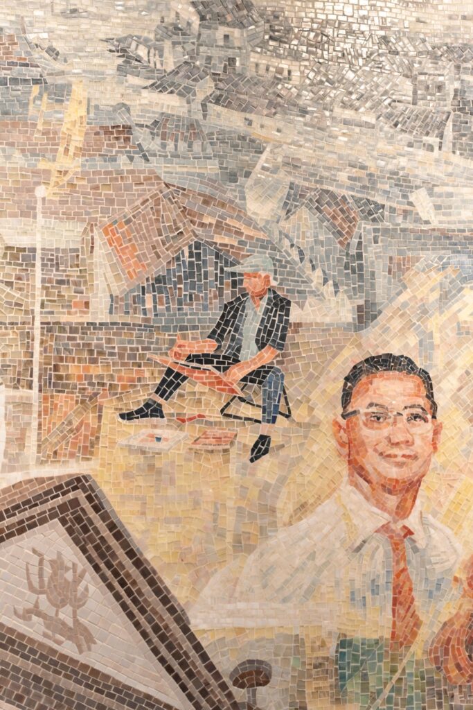 Close-up of the mosaic mural at New Hotel Central