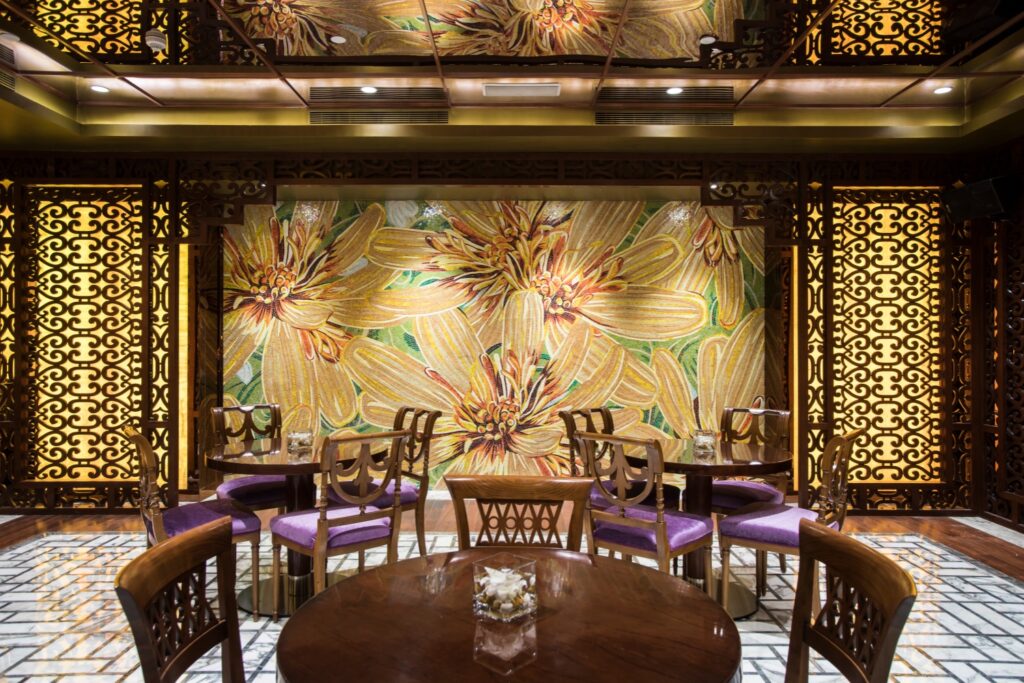 Luxury restaurant interior custom glass mosaic pillar design by JNJMosaic