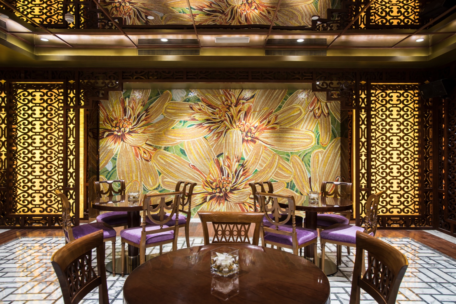 Luxury restaurant interior custom glass mosaic pillar design by JNJMosaic