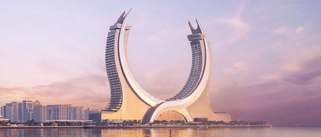 Katara Towers Fairmont Hotel Doha landmark building facade - JNJ Mosaic global hospitality project case