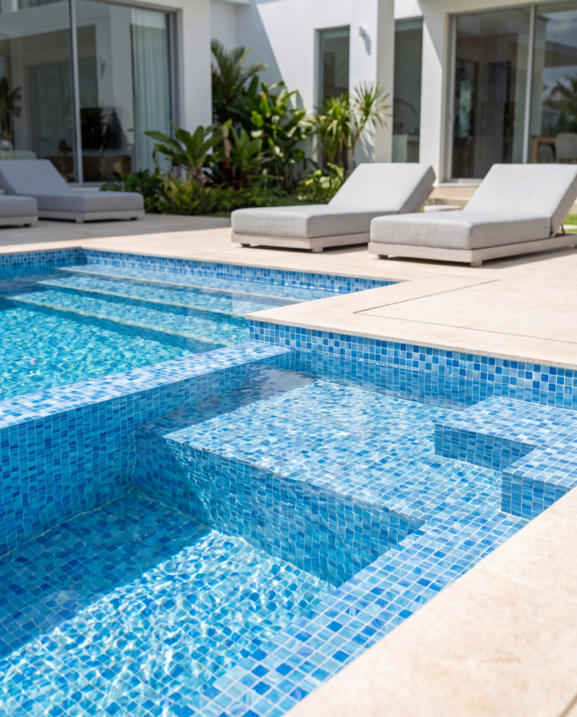 Mosaic Tiles for Swimming Pools in the Middle East 1 Luxury swimming pool with blue glass mosaic tiles