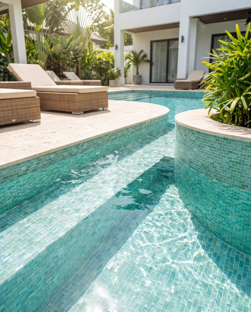Mosaic Tiles for Swimming Pools in the Middle East 4 Deep blues and turquoises glass mosaic swimming pool design