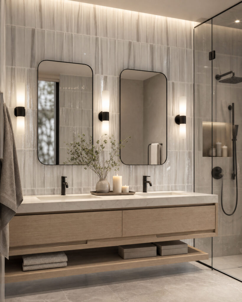 Floor-to-Ceiling Vertical Mosaic Feature Wall in the Shower Zone