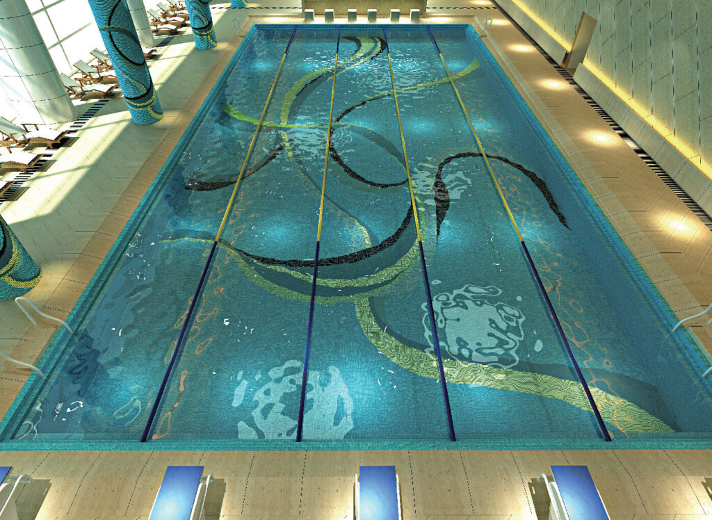Abstract flowing mosaic lines across an indoor swimming pool