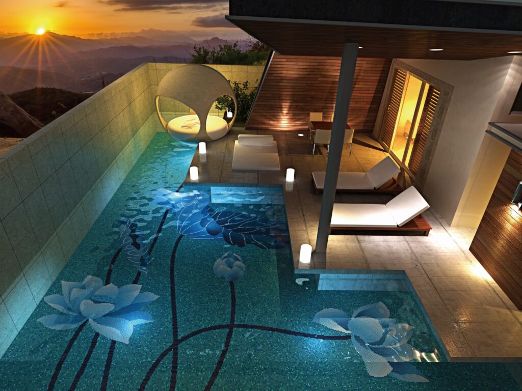 Large floral mosaic pattern used as a pool floor feature