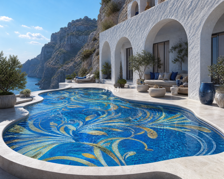 Concept visualization of a full-basin custom pool mosaic design by JNJMosaic.