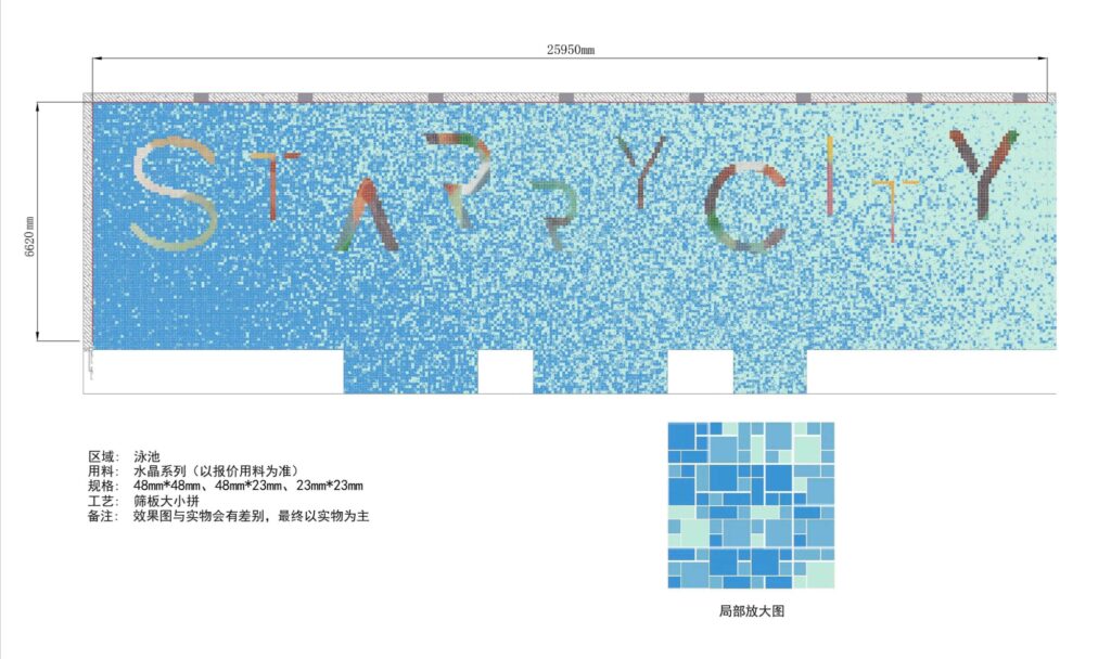 Starry City rooftop pool mosaic design with elegant nighttime atmosphere
