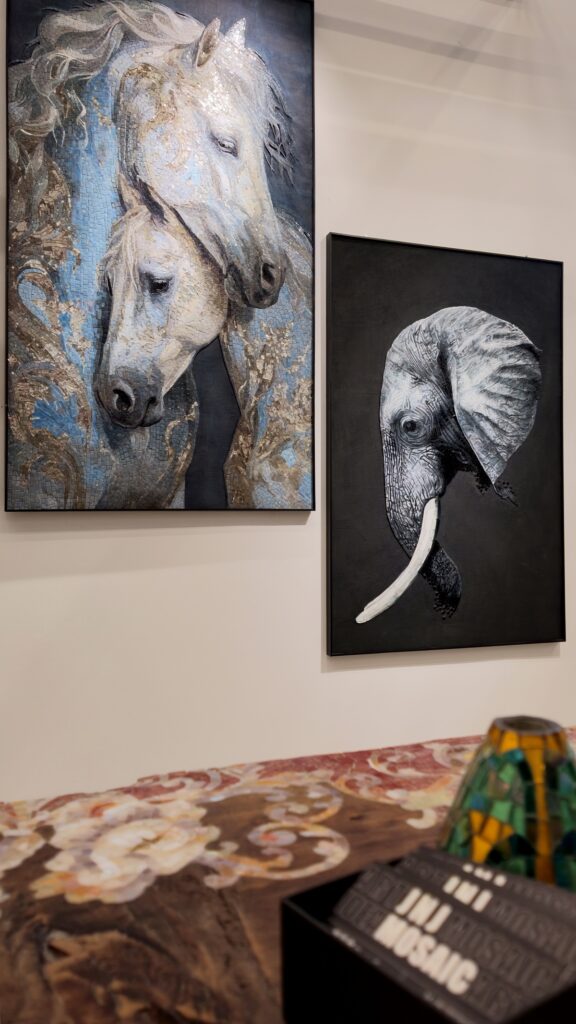 Sacred Connection horse mosaic and Silent Strength elephant mosaic at Cersaie 2026
