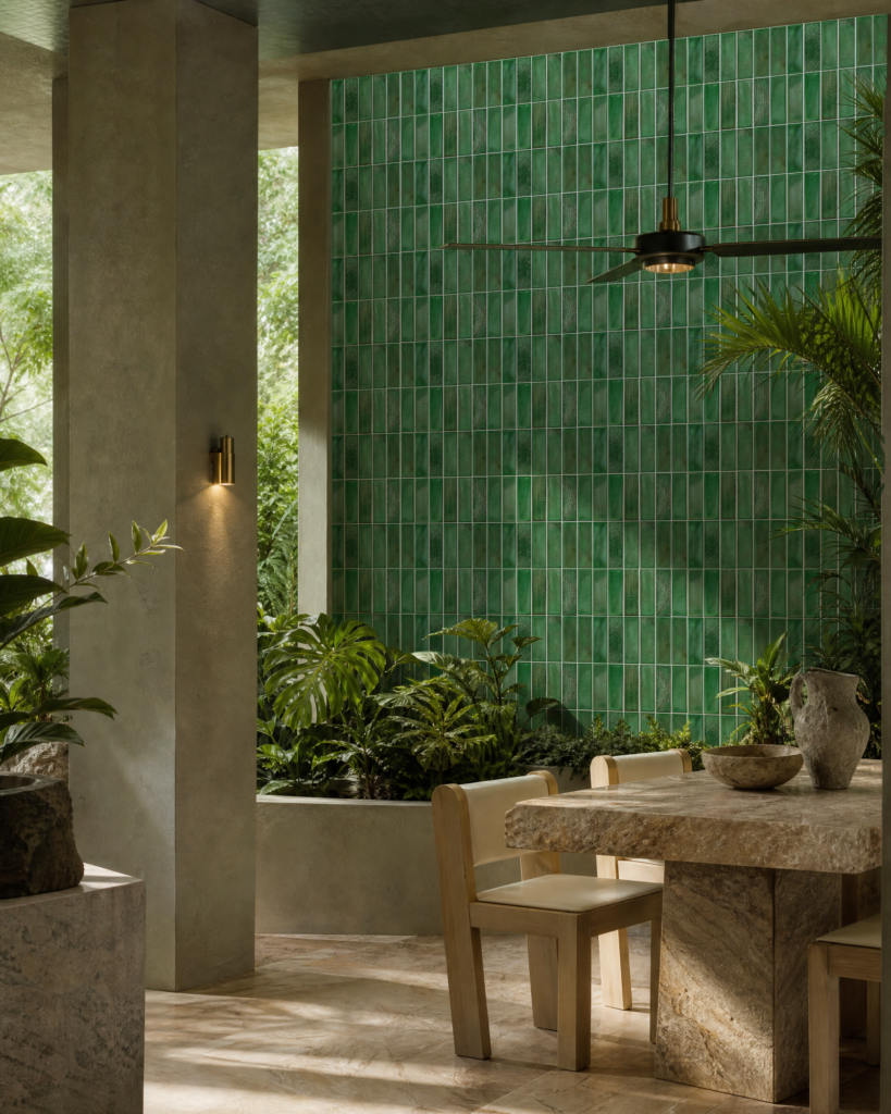 MXHR-027 green mosaic feature wall in a nature-inspired dining interior