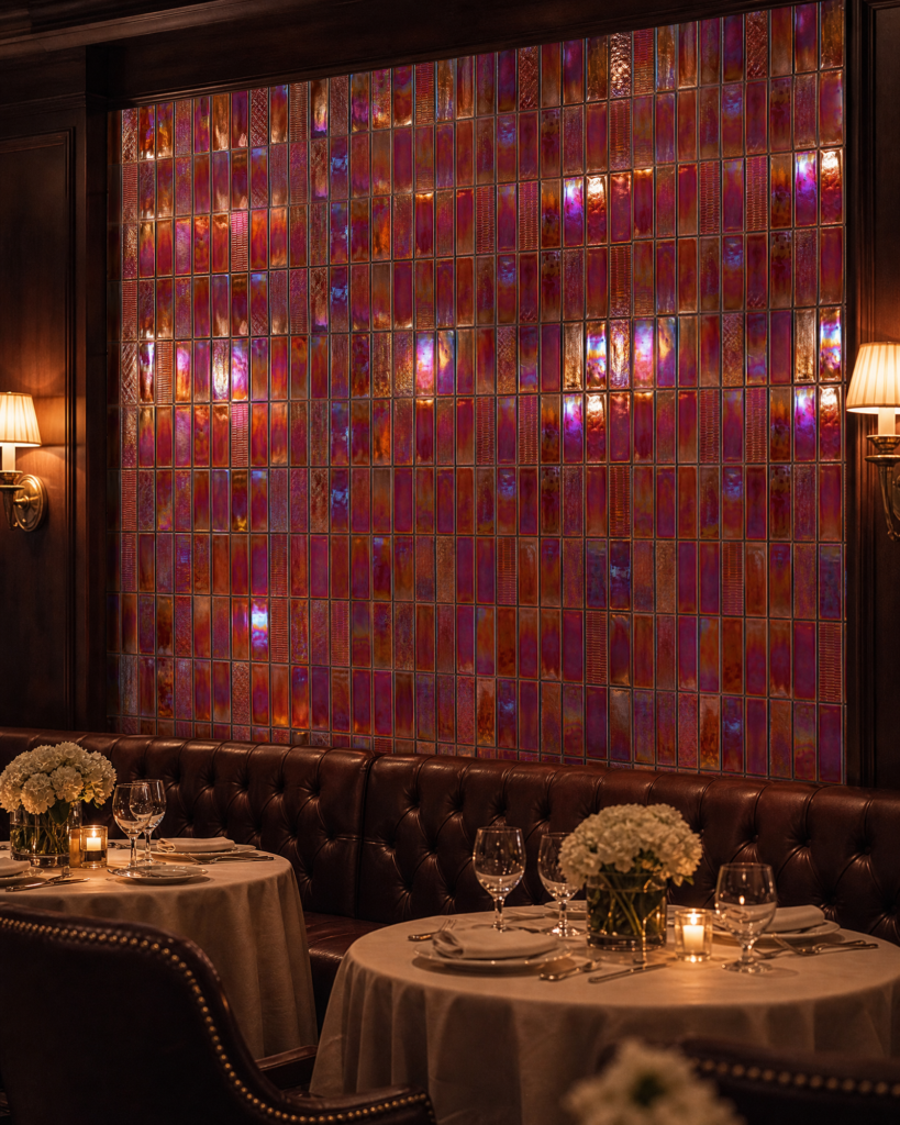 MXHR-037 burgundy mosaic feature wall in a warmly lit restaurant interior