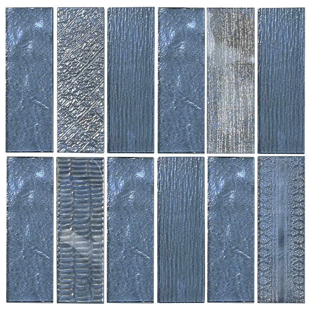 MXSLR-003 deep blue rectangular crystal mosaic with varied textured and silver-toned finishes