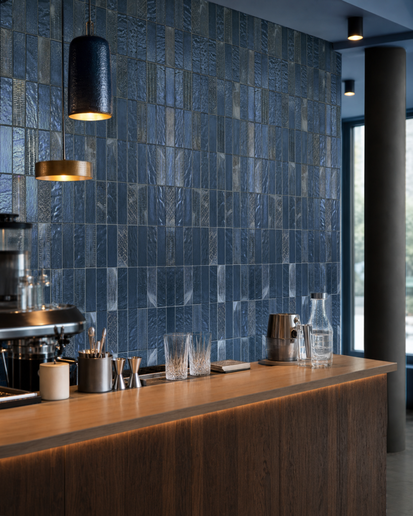 MXSLR-003 deep blue mosaic feature wall with pendant lighting in a contemporary bar interior