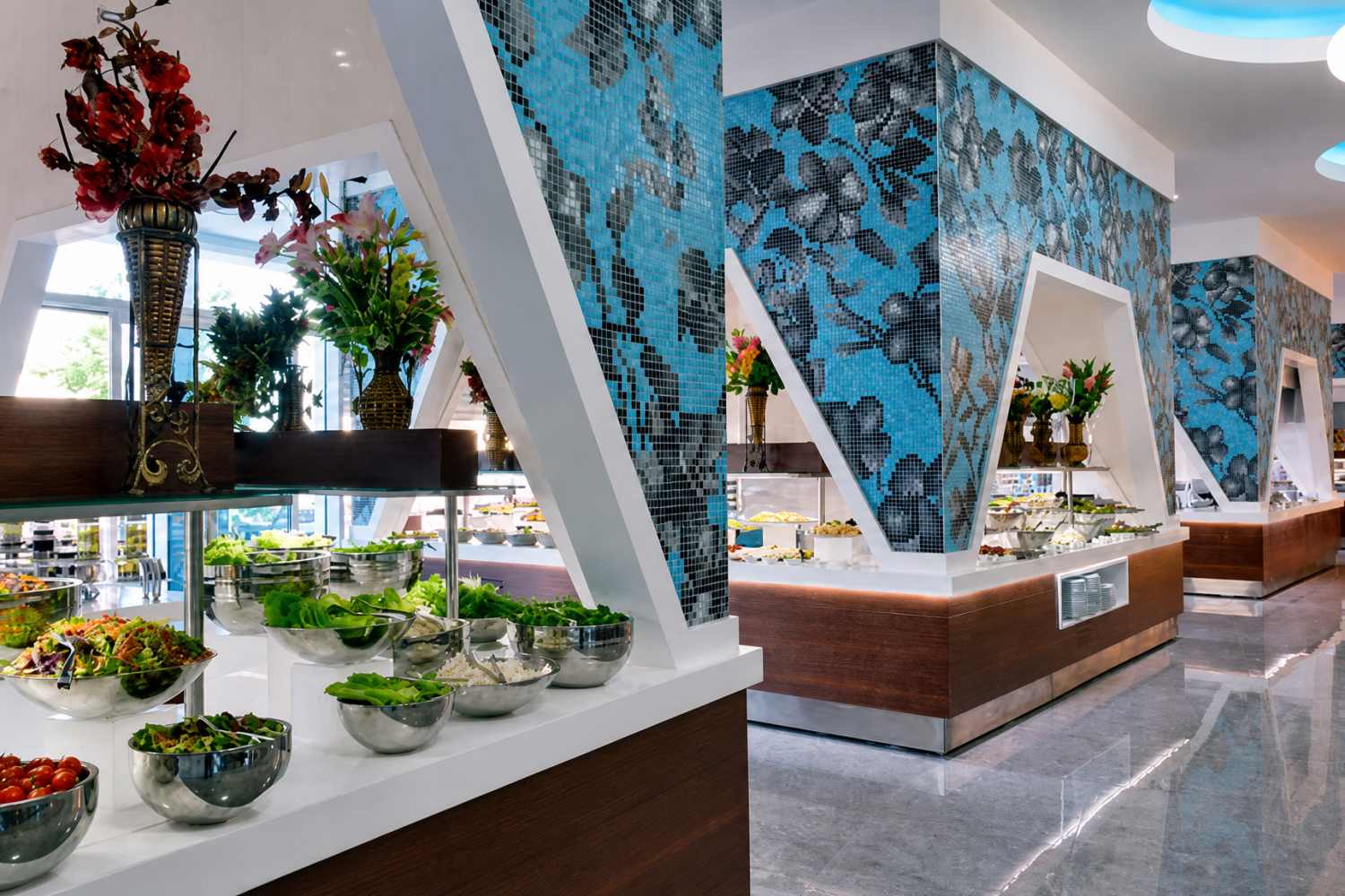 Plum blossom mosaic wall created with sieve plate technique in the hotel restaurant