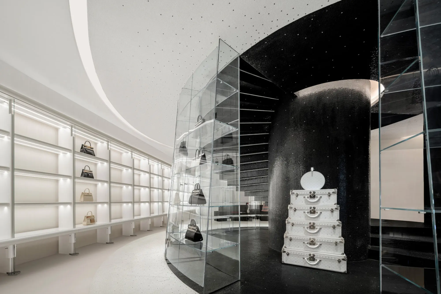 Luxury product display area within MOON.F mosaic retail interior