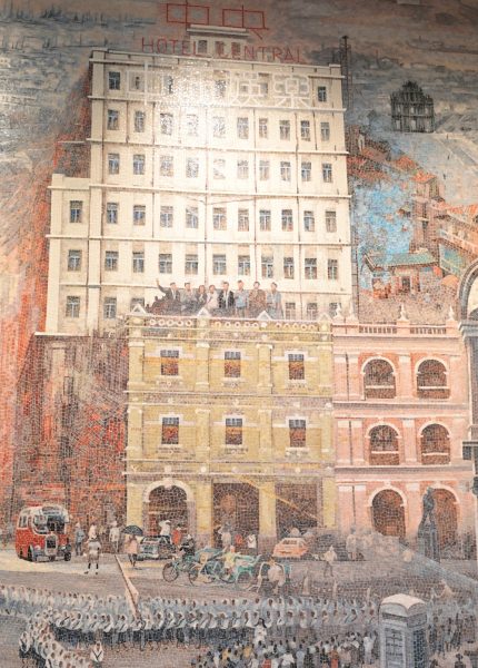 Historic Hotel Central Macau represented in a large-scale heritage mosaic mural reflecting Macau's cultural identity