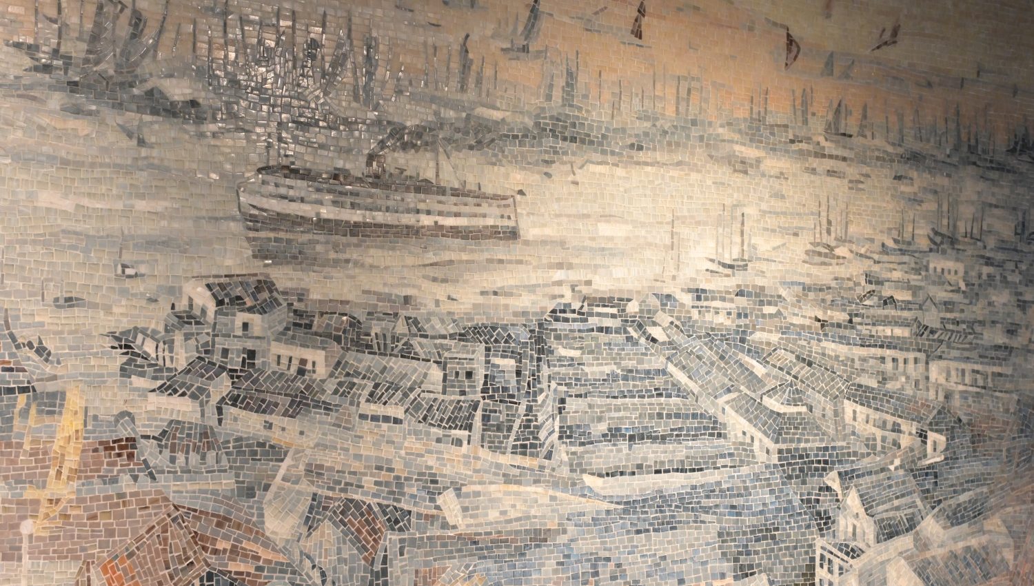 Artistic detail of the glass mosaic mural, perfectly replicating the oil painting brushstrokes and classical shading of Liao Wenchang's original artwork.