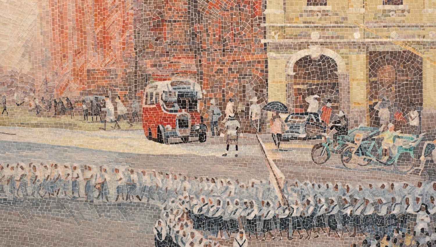 Scenery detail of the luxury mosaic mural, illustrating historical Macau streetscapes and architecture with rich color layers.