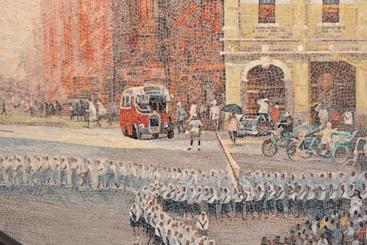 Scenery detail of the luxury mosaic mural, illustrating historical Macau streetscapes and architecture with rich color layers.