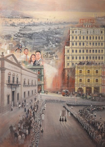 Historic New Road Macau depicted in a heritage mosaic mural featuring iconic arcaded buildings and the city's multicultural urban character