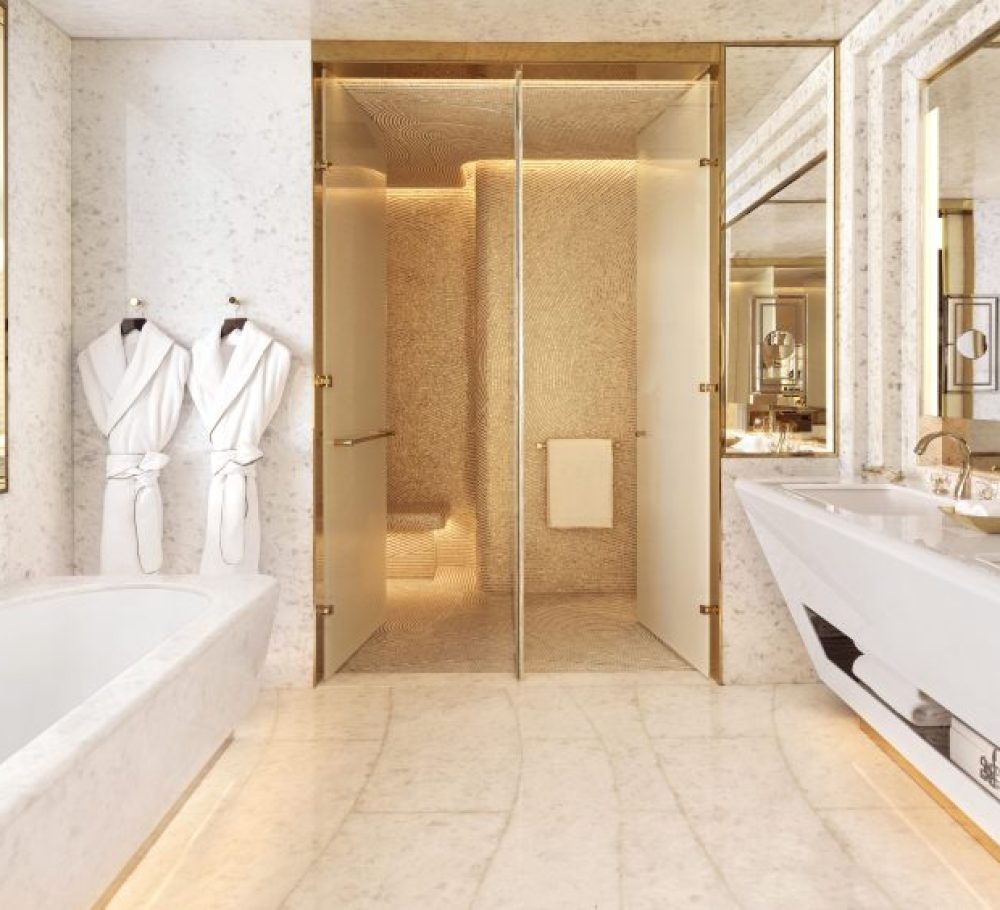 Luxury hotel suite bathroom featuring a freestanding bathtub and an elegant double vanity