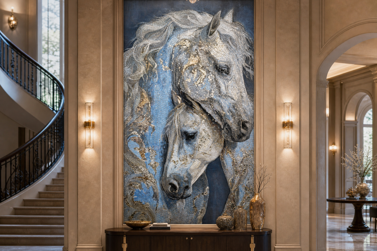Sacred Connection horse mosaic wall art featuring a mare and foal with flowing white manes
