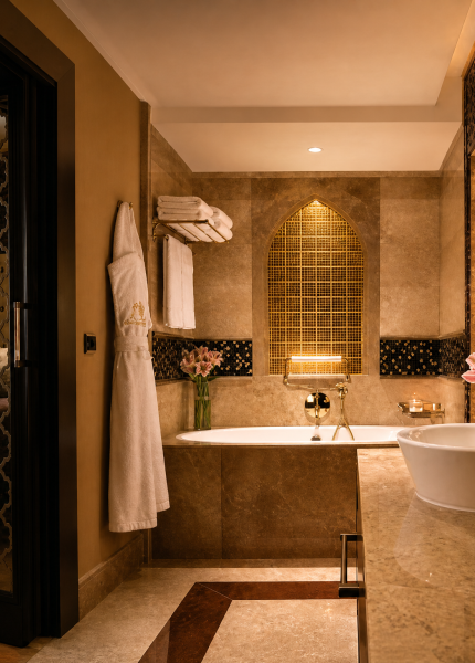 luxury suite bathroom dark brown gold foil mosaic