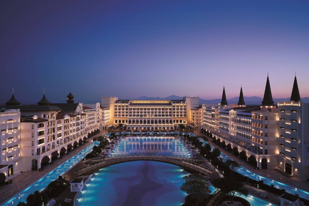 Panoramic exterior view of the luxury Mardan Palace Hotel architecture in Antalya Turkey